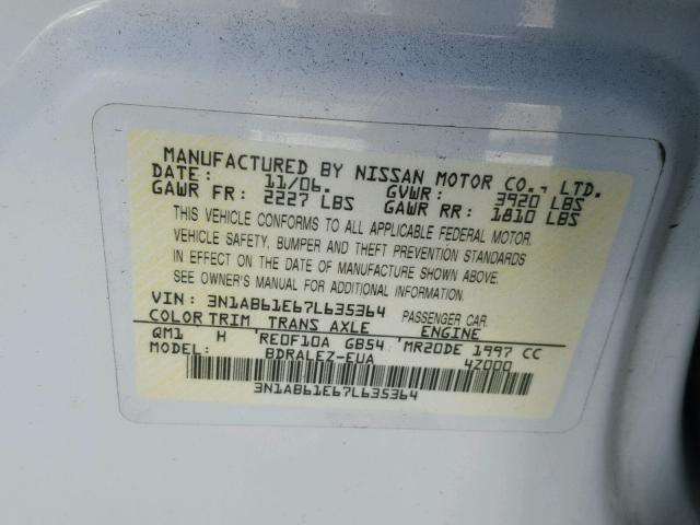 3N1AB61E67L635364 - 2007 NISSAN SENTRA 2.0 WHITE photo 10