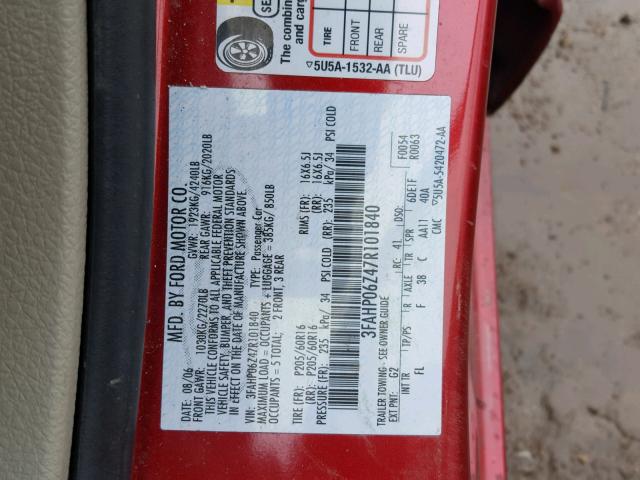 3FAHP06Z47R101840 - 2007 FORD FUSION S RED photo 10