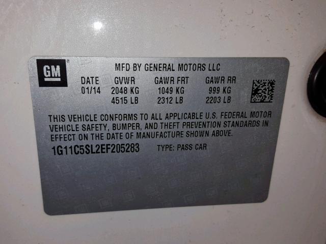 1G11C5SL2EF205283 - 2014 CHEVROLET MALIBU 1LT 白色 照片 10