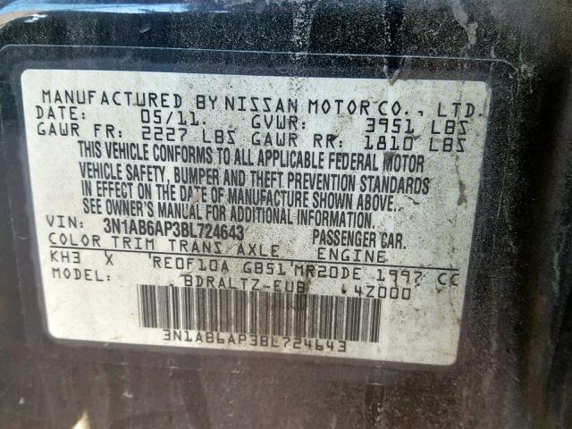 3N1AB6AP3BL724643 - 2011 NISSAN SENTRA 2.0 BLACK photo 10