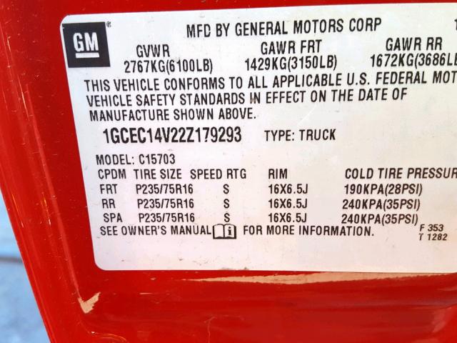 1GCEC14V22Z179293 - 2002 CHEVROLET SILVERADO RED photo 10