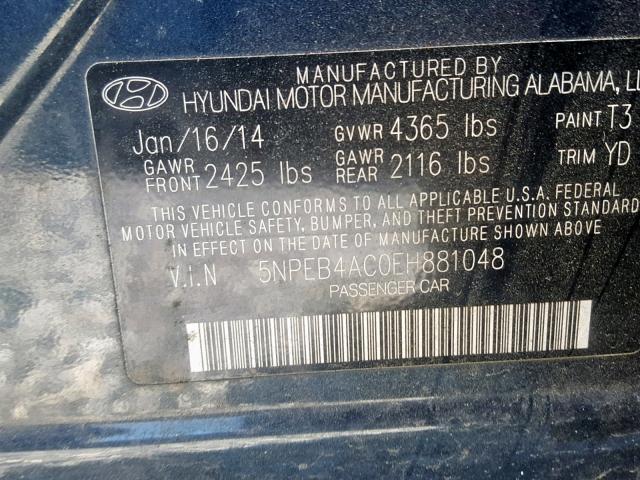 5NPEB4AC0EH881048 - 2014 HYUNDAI SONATA GLS BLUE photo 10