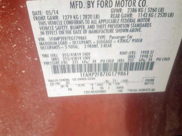 1FAHP2F87EG179861 - 2014 FORD TAURUS LIM RED photo 10