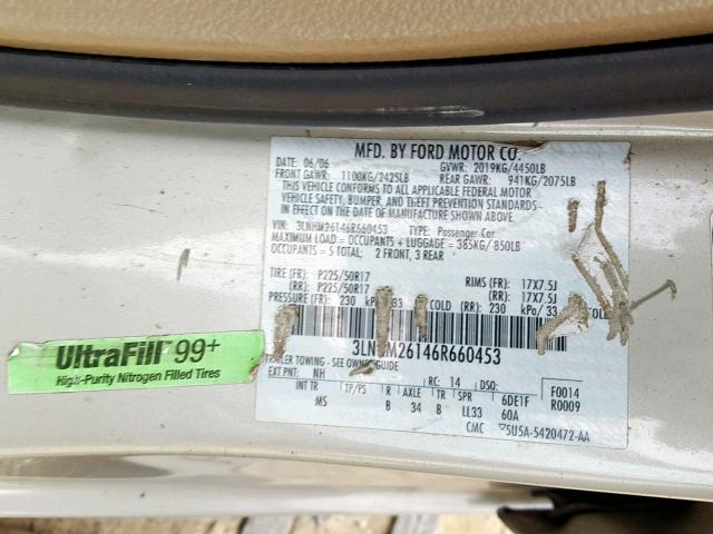 3LNHM26146R660453 - 2006 LINCOLN ZEPHYR CREAM photo 10