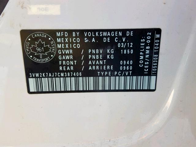 3VW2K7AJ7CM387406 - 2012 VOLKSWAGEN JETTA BASE WHITE photo 10