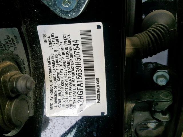 2HGFA15639H507544 - 2009 HONDA CIVIC LX-S 黑色 照片 10