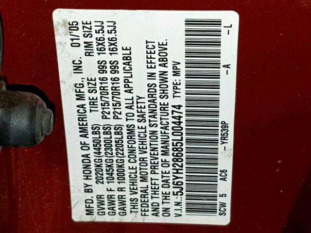 5J6YH28685L004474 - 2005 HONDA ELEMENT EX ORANGE photo 10