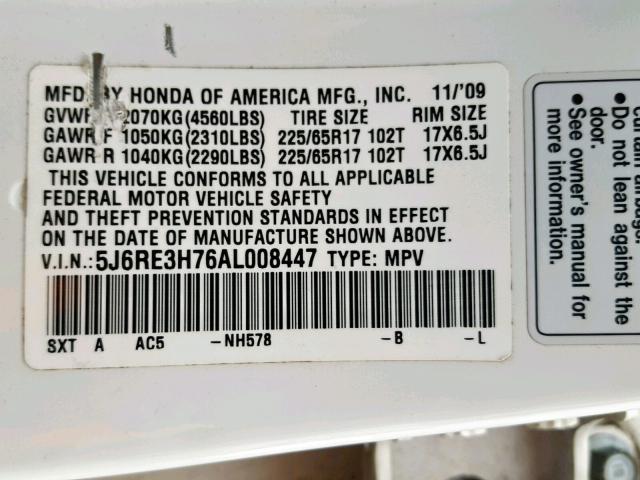 5J6RE3H76AL008447 - 2010 HONDA CR-V EXL WHITE photo 10