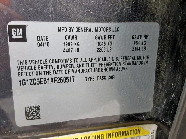 1G1ZC5EB1AF260517 - 2010 CHEVROLET MALIBU 1LT 石墨色 照片 10