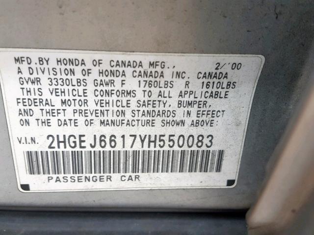 2HGEJ6617YH550083 - 2000 HONDA CIVIC BASE SILVER photo 10