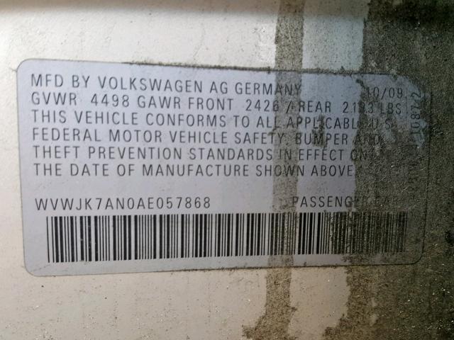 WVWJK7AN0AE057868 - 2010 VOLKSWAGEN PASSAT KOM SILVER photo 10