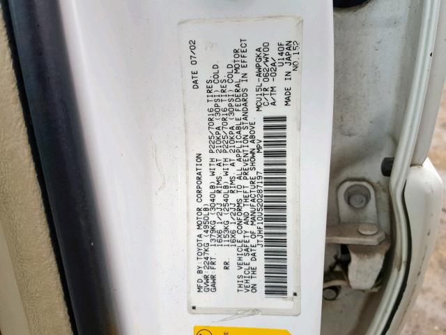 JTJHF10U520287197 - 2002 LEXUS RX 300 WHITE photo 10