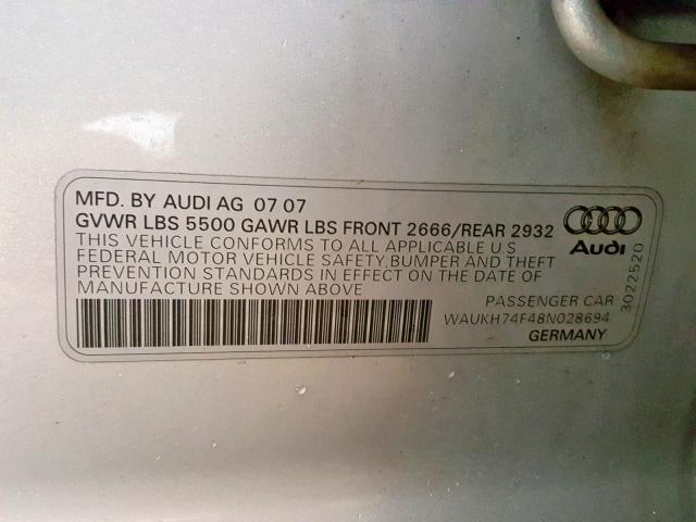 WAUKH74F48N028694 - 2008 AUDI A6 AVANT Q SILVER photo 10