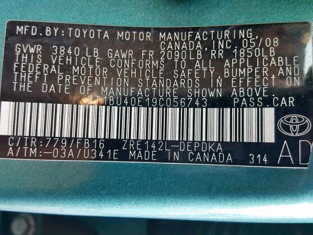 2T1BU40E19C056743 - 2009 TOYOTA COROLLA BA TEAL photo 10