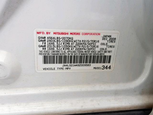 JA4LS21W49Z009583 - 2009 MITSUBISHI OUTLANDER WHITE photo 10