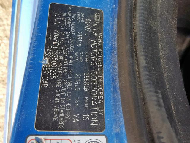 KNAFE161375001235 - 2007 KIA SPECTRA5 S BLUE photo 10