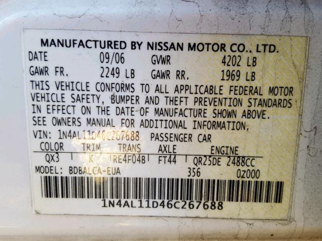 1N4AL11D46C267688 - 2006 NISSAN ALTIMA S WHITE photo 10