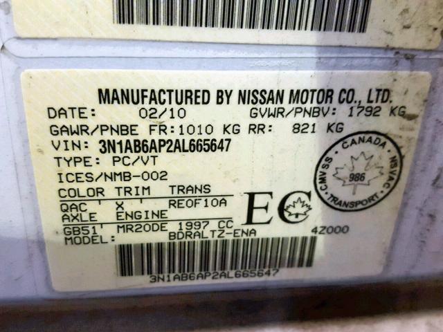 3N1AB6AP2AL665647 - 2010 NISSAN SENTRA 2.0 WHITE photo 10