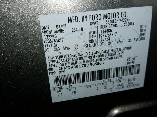 2FMDK36C78BB05803 - 2008 FORD EDGE SE SILVER photo 10