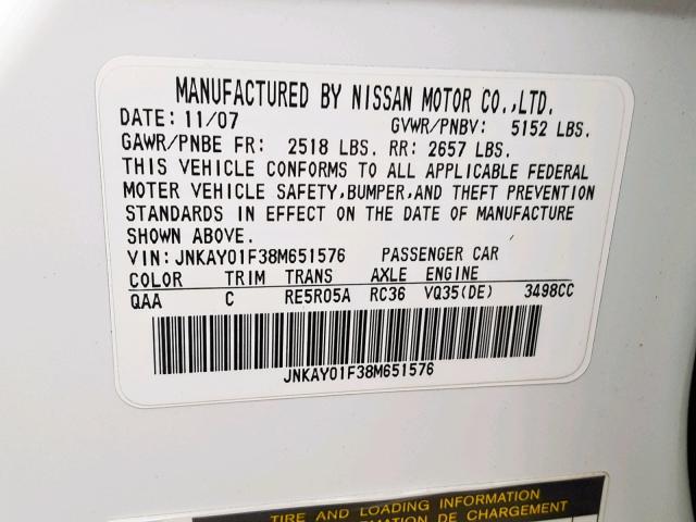 JNKAY01F38M651576 - 2008 INFINITI M35 BASE WHITE photo 10