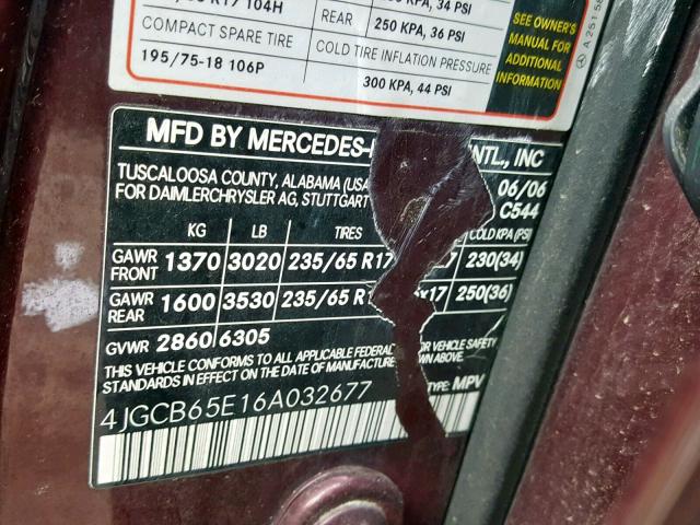 4JGCB65E16A032677 - 2006 MERCEDES-BENZ R 350 BURGUNDY photo 10