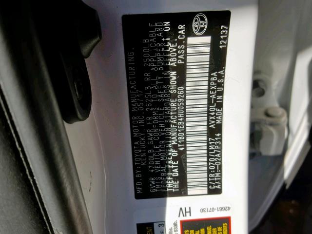 4T1BD1EB4HU059260 - 2017 TOYOTA AVALON HYB WHITE photo 10