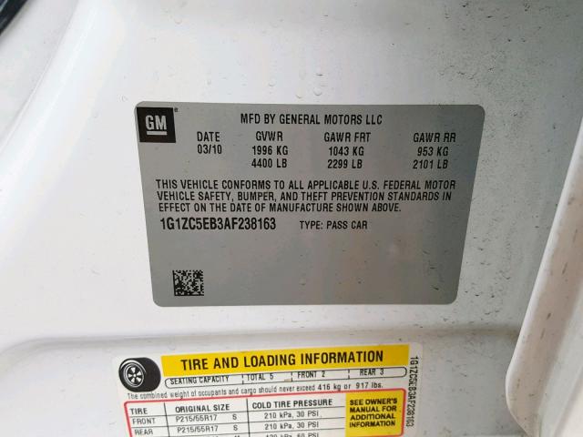 1G1ZC5EB3AF238163 - 2010 CHEVROLET MALIBU 1LT თეთრი ფოტო 10