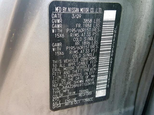 JN8AZ28R69T103478 - 2009 NISSAN CUBE BASE SILVER photo 10