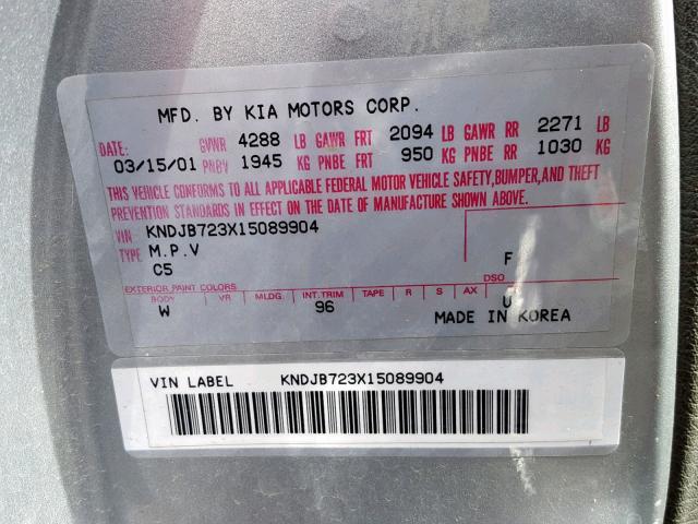 KNDJB723X15089904 - 2001 KIA SPORTAGE SILVER photo 10