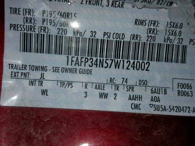 1FAFP34N57W124002 - 2007 FORD FOCUS ZX4 RED photo 10