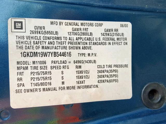 1GKDM19W7YB544616 - 2000 GMC SAFARI XT GREEN photo 10