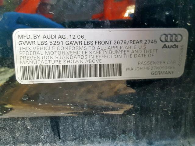 WAUDH74F27N090666 - 2007 AUDI A6 3.2 QUA BLACK photo 10