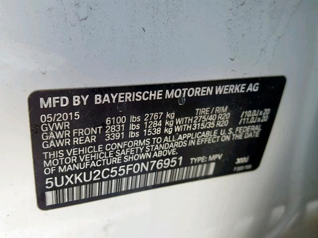 5UXKU2C55F0N76951 - 2015 BMW X6 XDRIVE3 WHITE photo 10