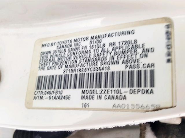 2T1BR18E6YC336418 - 2000 TOYOTA COROLLA VE WHITE photo 10