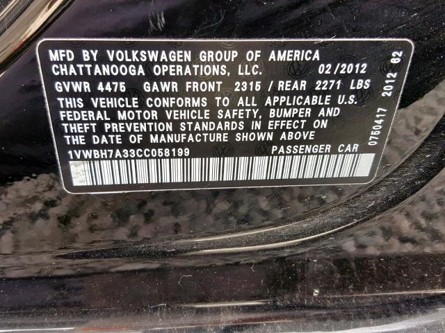 1VWBH7A33CC058199 - 2012 VOLKSWAGEN PASSAT SE BLACK photo 10