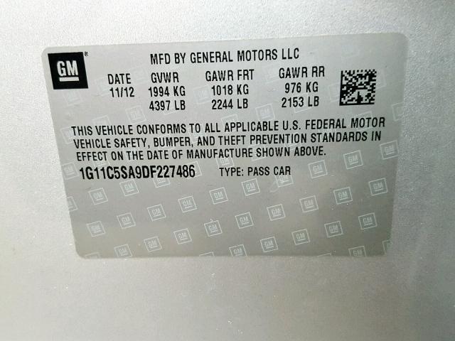 1G11C5SA9DF227486 - 2013 CHEVROLET MALIBU 1LT 银色 照片 10