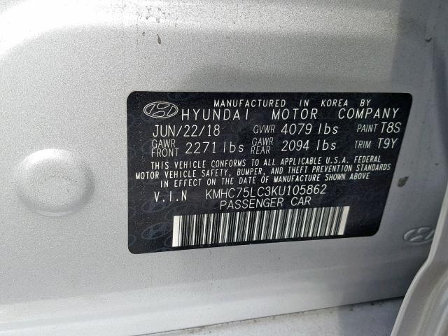 KMHC75LC3KU105862 - 2019 HYUNDAI IONIQ SEL SILVER photo 10