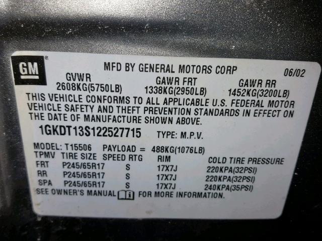 1GKDT13S122527715 - 2002 GMC ENVOY GOLD photo 10