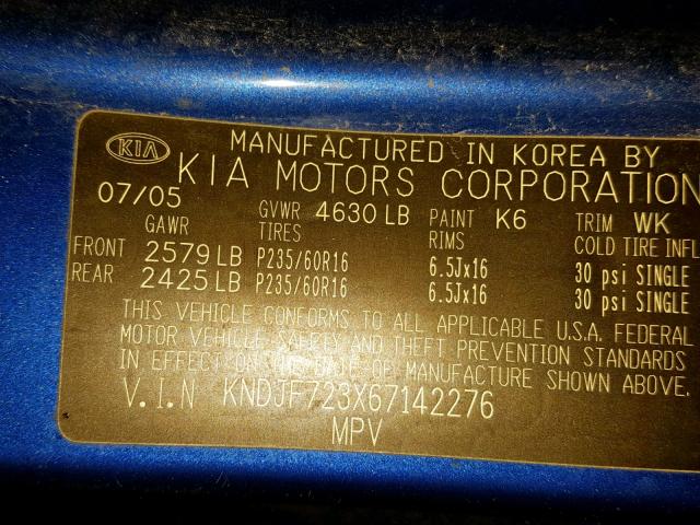 KNDJF723X67142276 - 2006 KIA NEW SPORTA BLUE photo 10