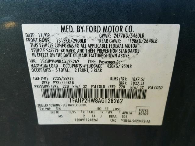 1FAHP2HW8AG128262 - 2010 FORD TAURUS SEL BLUE photo 10