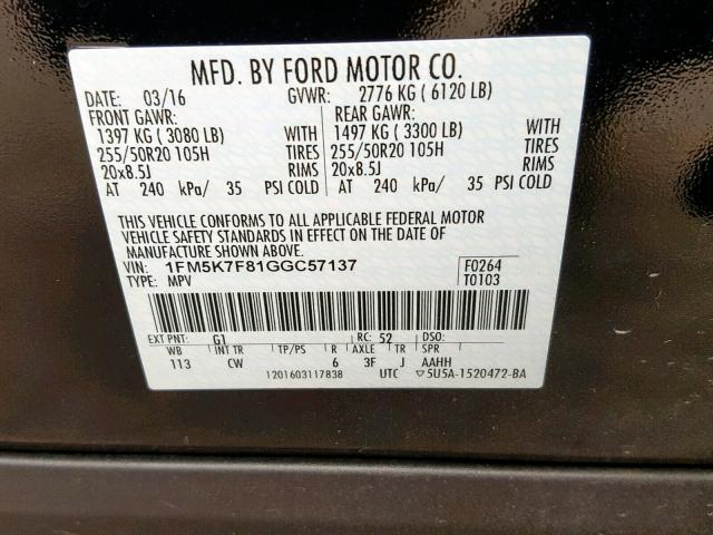 1FM5K7F81GGC57137 - 2016 FORD EXPLORER L BLACK photo 10