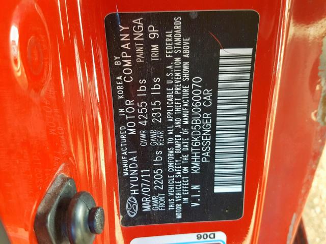 KMHHT6KD5BU060070 - 2011 HYUNDAI GENESIS CO RED photo 10