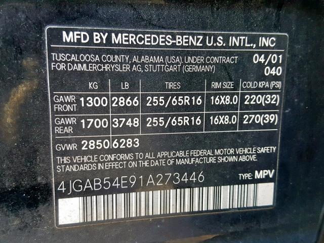 4JGAB54E91A273446 - 2001 MERCEDES-BENZ ML 320 BLACK photo 10