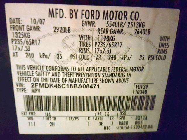 2FMDK48C18BA08471 - 2008 FORD EDGE SEL BLACK photo 10