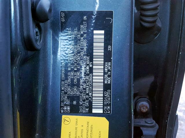 JTJHW31U472038606 - 2007 LEXUS RX 400H BLUE photo 10