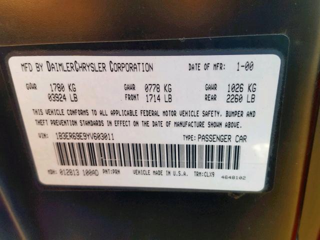 1B3ER69E9YV603011 - 2000 DODGE VIPER GTS RED photo 10