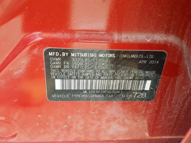 ML32A3HJ9EH026063 - 2014 MITSUBISHI MIRAGE DE BURGUNDY photo 10