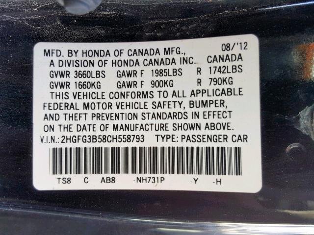 2HGFG3B58CH558793 - 2012 HONDA CIVIC LX BLACK photo 10