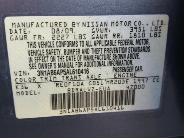 3N1AB6AP5AL610416 - 2010 NISSAN SENTRA 2.0 SILVER photo 10