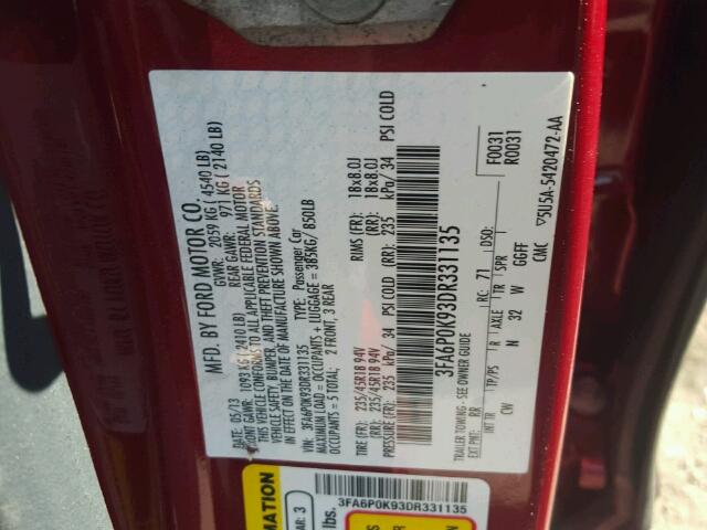 3FA6P0K93DR331135 - 2013 FORD FUSION TIT RED photo 10